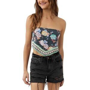 O’NEILL Skyler Crop Tube Tank Top Sz L Floral Asymmetrical Smocked Viscose Woven